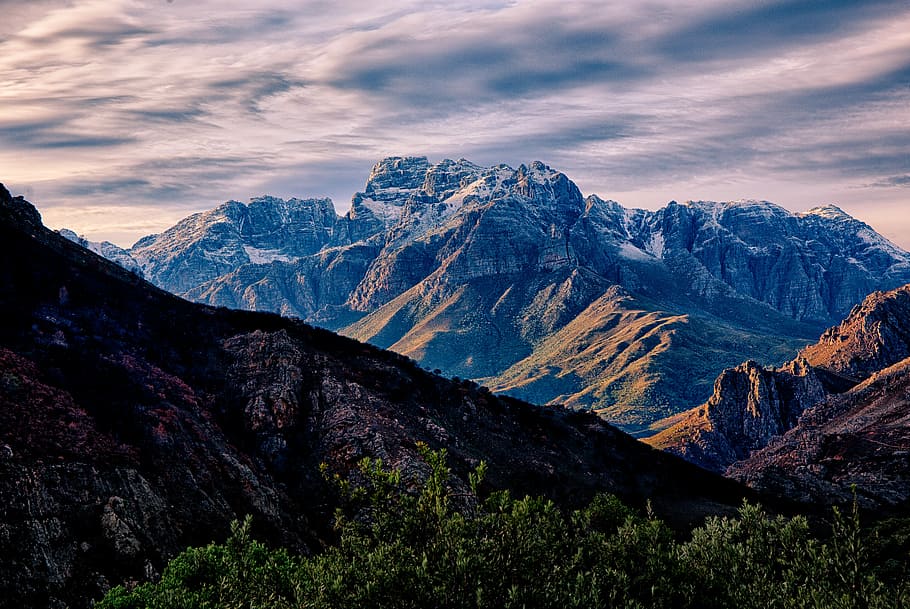 landscape photography of snow-capped mountain ranges, mountain peak HD wallpaper