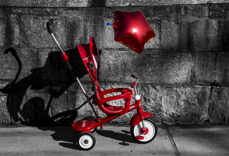 Stroller, Red, Balloon, Gray, Contrast, wheel, color, wheeler, HD wallpaper