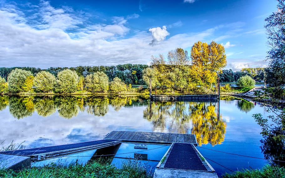 water, mirroring, reflection, river, leaves, green, colorful HD wallpaper