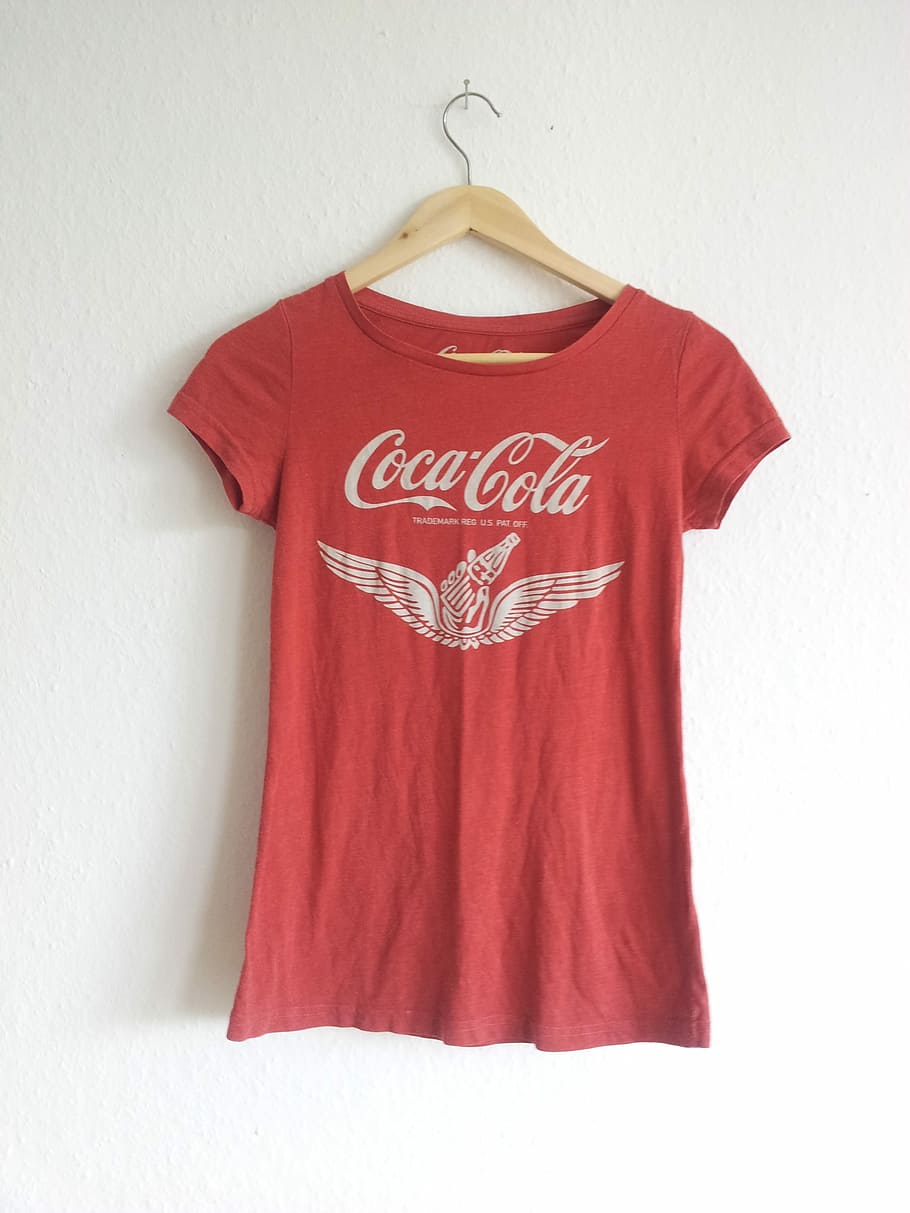 Coca-Cola shirt hanged on wall, T Shirt, red, clothing, hanging, HD wallpaper