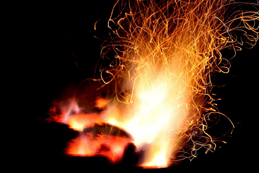 fire, flame, burn, wood fire, barbecue, heat, embers, sparkle HD wallpaper