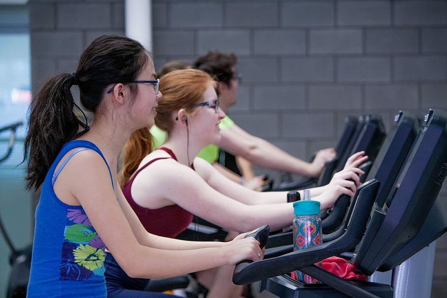 two woman walking on treadmills, two women on black stationary bikes in gym HD wallpaper