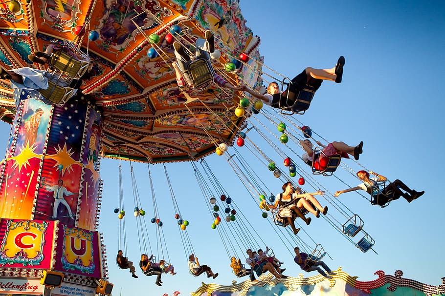 red and blue theme park ride, munich, oktoberfest, carousel, fun