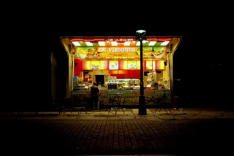 bruges, stall, fries, chips, night, market, illuminated, architecture, HD wallpaper