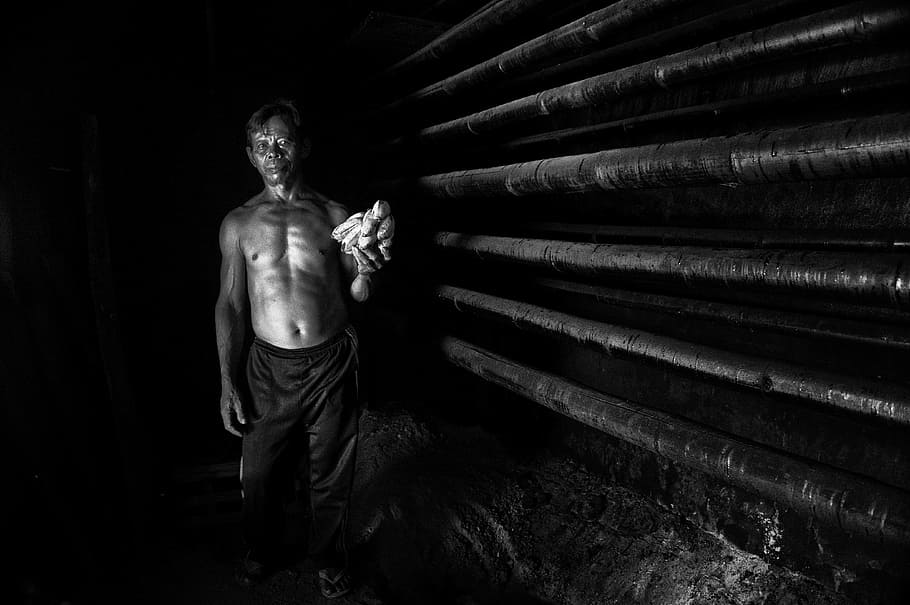 Man, Portrait, Worker, Indoor, black and white, shirtless, statue HD wallpaper