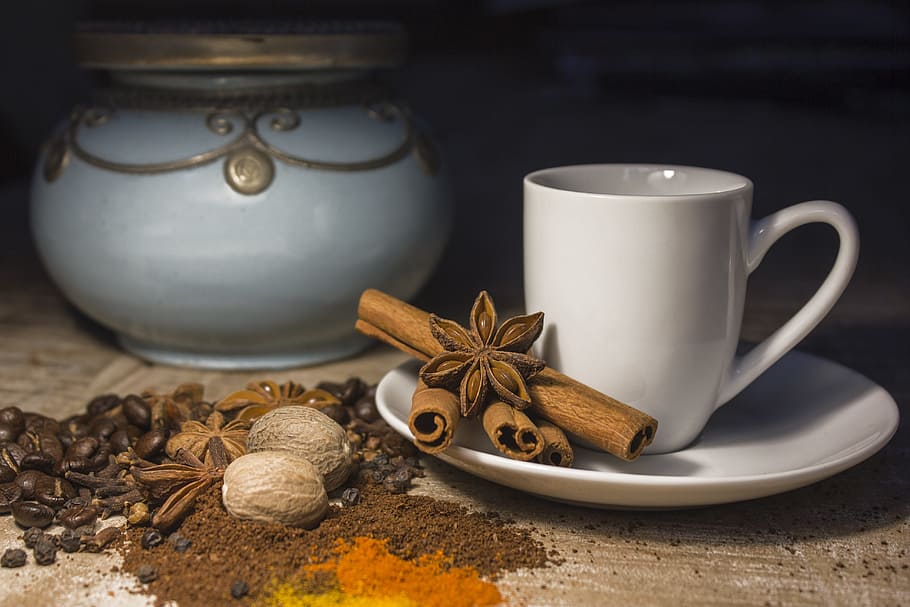 white ceramic teacup with saucer with four brown cinnamon rolls and star anise HD wallpaper