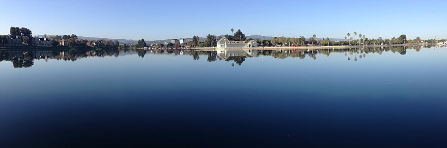 Water, Blue, Blue, Reflection, Palm Tree, dark blue, panorama HD wallpaper