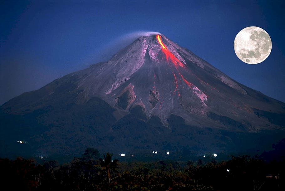volcano eruption during night, erupting, full moon, mountain, HD wallpaper