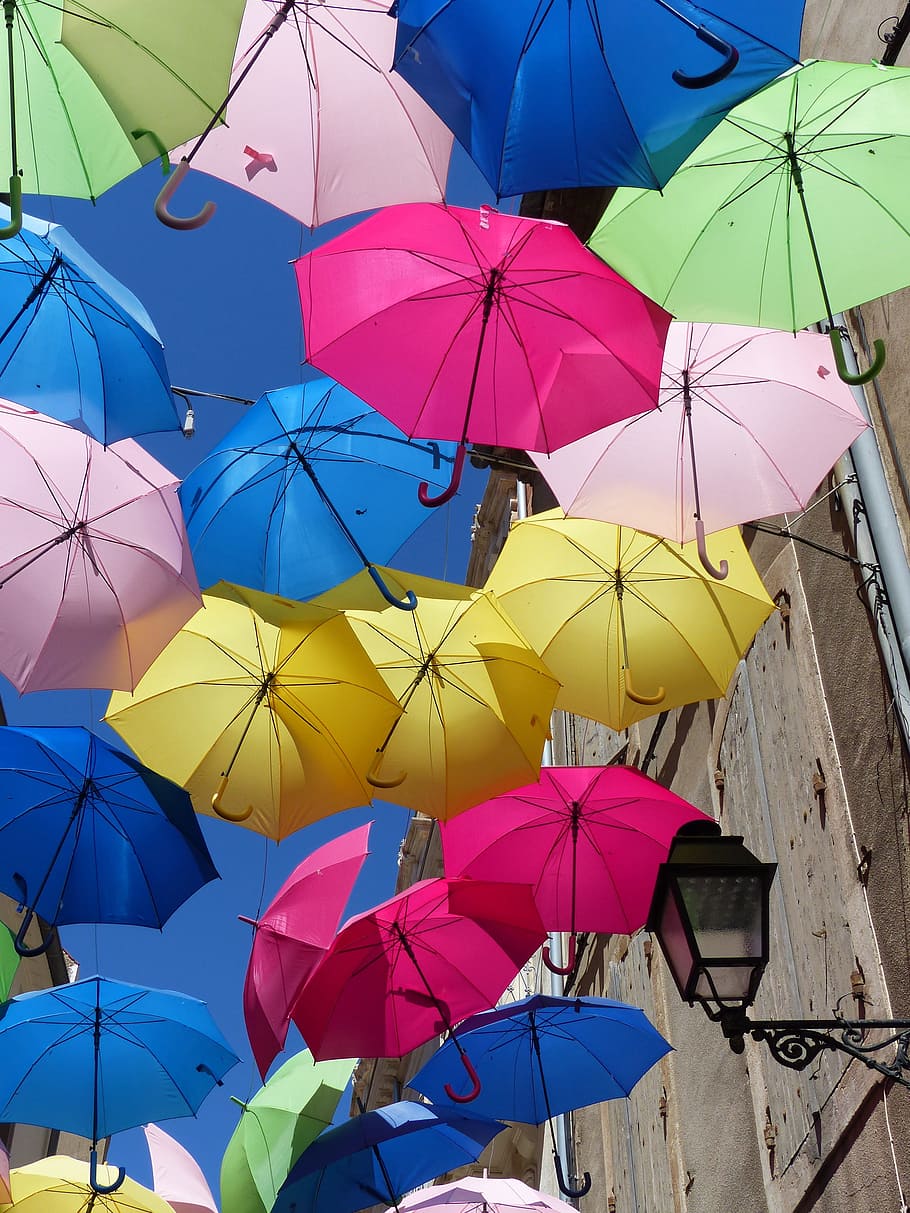 umbrellas, colorful, blue sky, art, sunlight, colorful umbrella, HD wallpaper