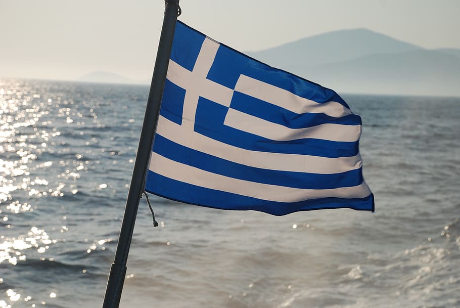 blue and white cross flag, greece, sea, view, mediterranean HD wallpaper