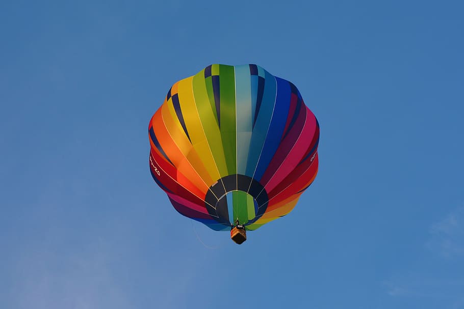 multicolored hot air balloons, blue, sky, colorful, transportation