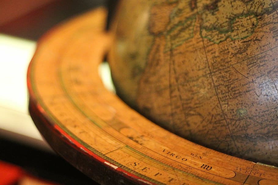 brown wooden desk globe, world, travel, coordinates, map, close-up, HD wallpaper