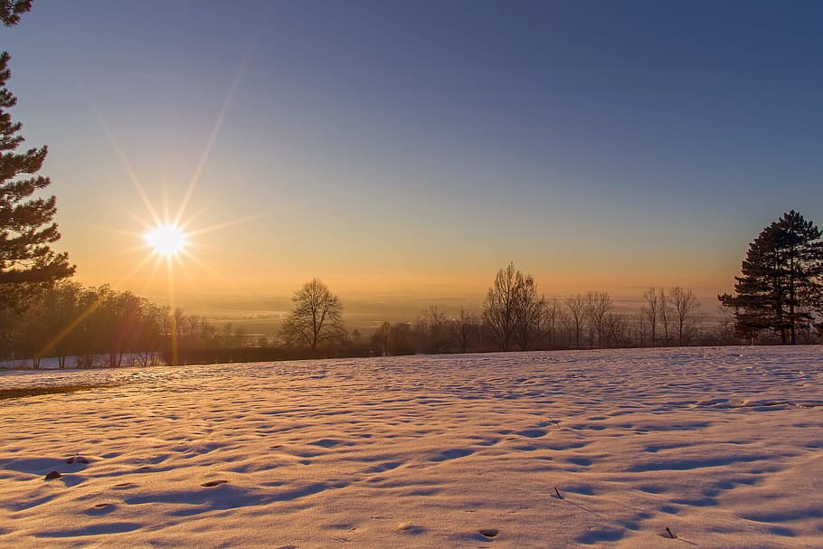 Sunset, Snow, Winter, Sky, Landscape, cold temperature, nature HD wallpaper