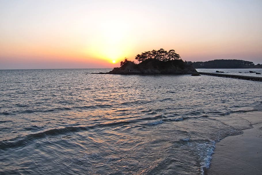 Sea, Wave, Beach, Sunset, Island, Sand, republic of korea, sky HD wallpaper