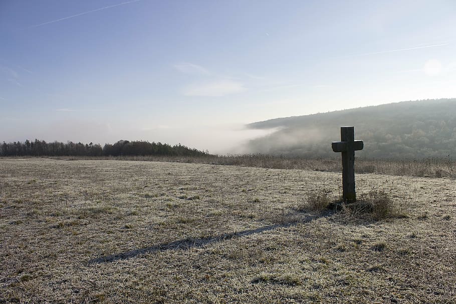 landscape photography of open field with brown cross, frost HD wallpaper