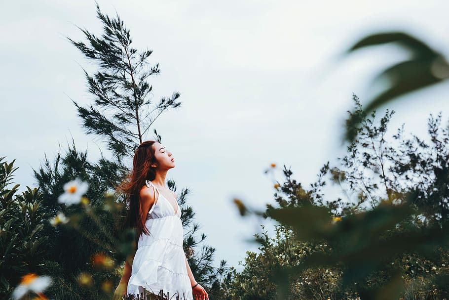 woman in white deep V-neck sleeveless dress surrounded with plants, woman wearing white sundress looking up between green leaf plants HD wallpaper
