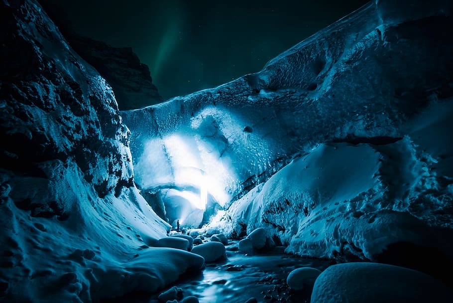 person on white cave, untitled, blue, ice, light, glacier, snow