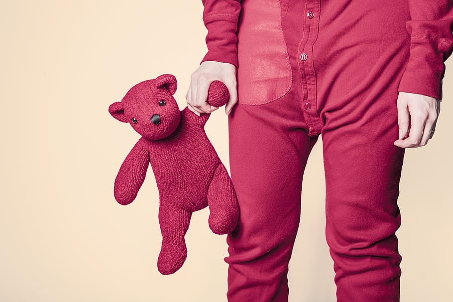 person holds pink teddy bear, whimsical, toy, red, funny, adult