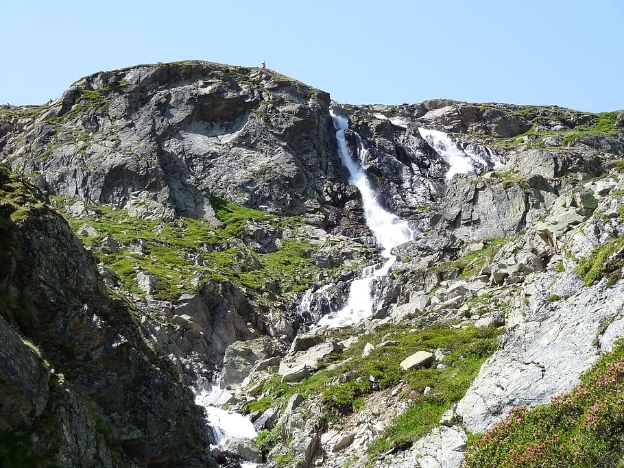 Waterfall, Rock, Cliffs, Mountain, switzerland, sunny, summer HD wallpaper
