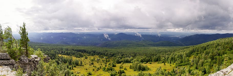 mountains, rocks, clouds, forest, nature, panoramic, landscape HD wallpaper