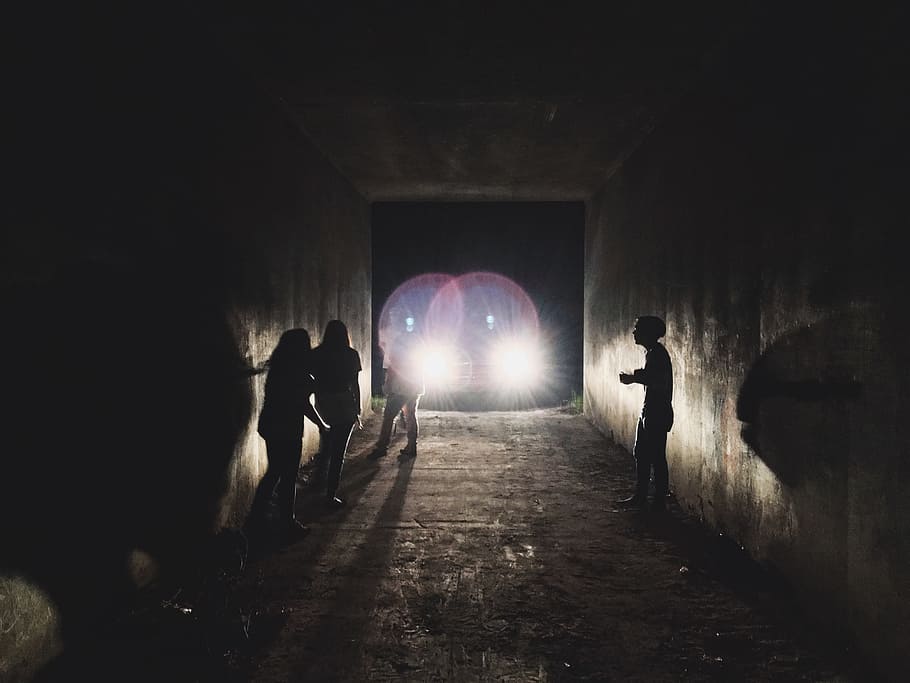 dark, night, tunnel, lights, car, people, shadow, man, group of people HD wallpaper