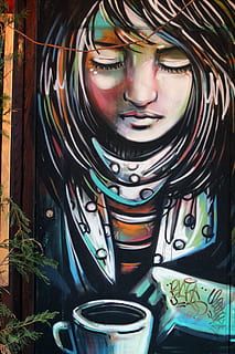 girl with cup of coffee on her front painting, art, graffiti HD wallpaper