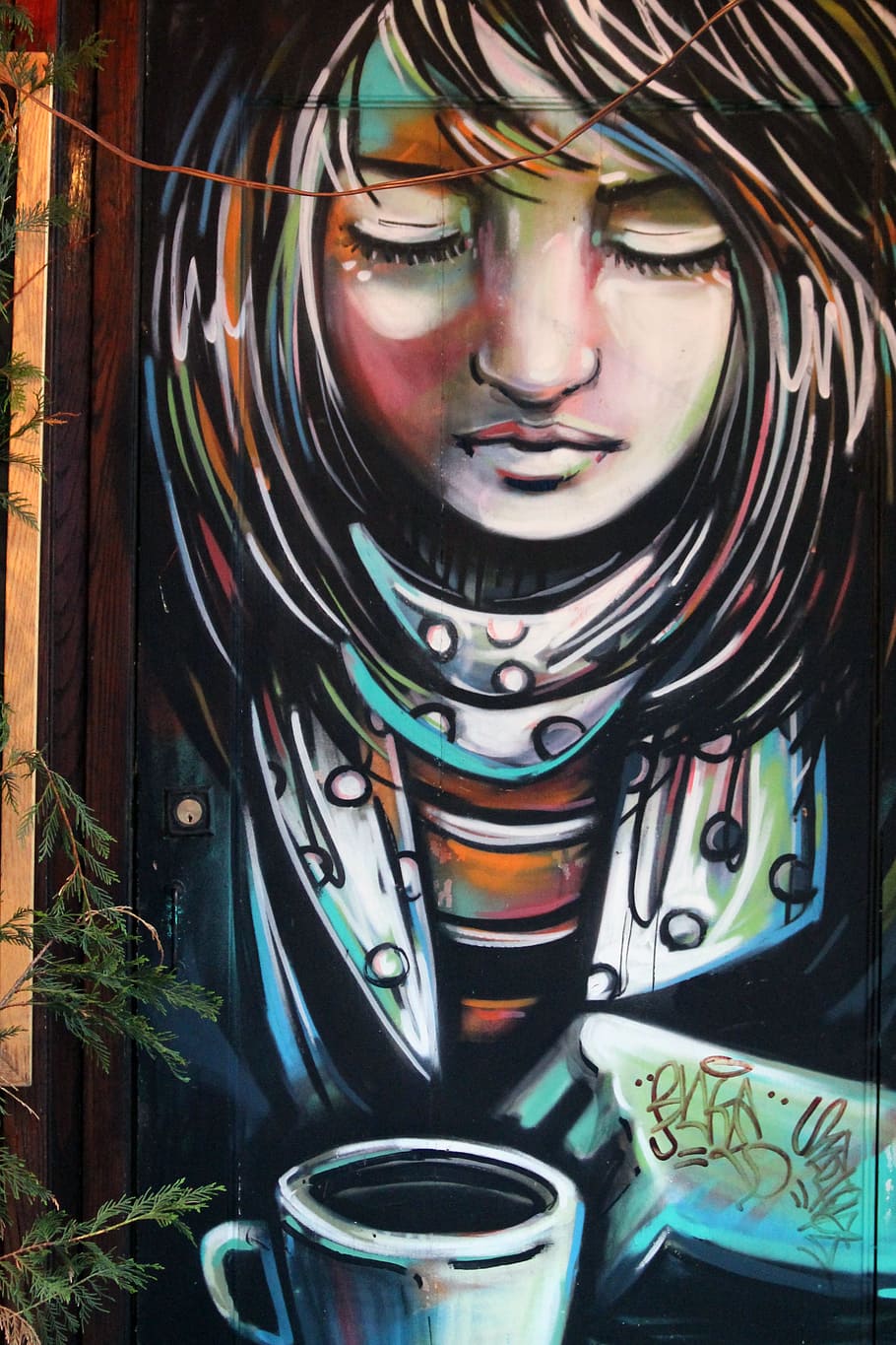 girl with cup of coffee on her front painting, art, graffiti, HD wallpaper