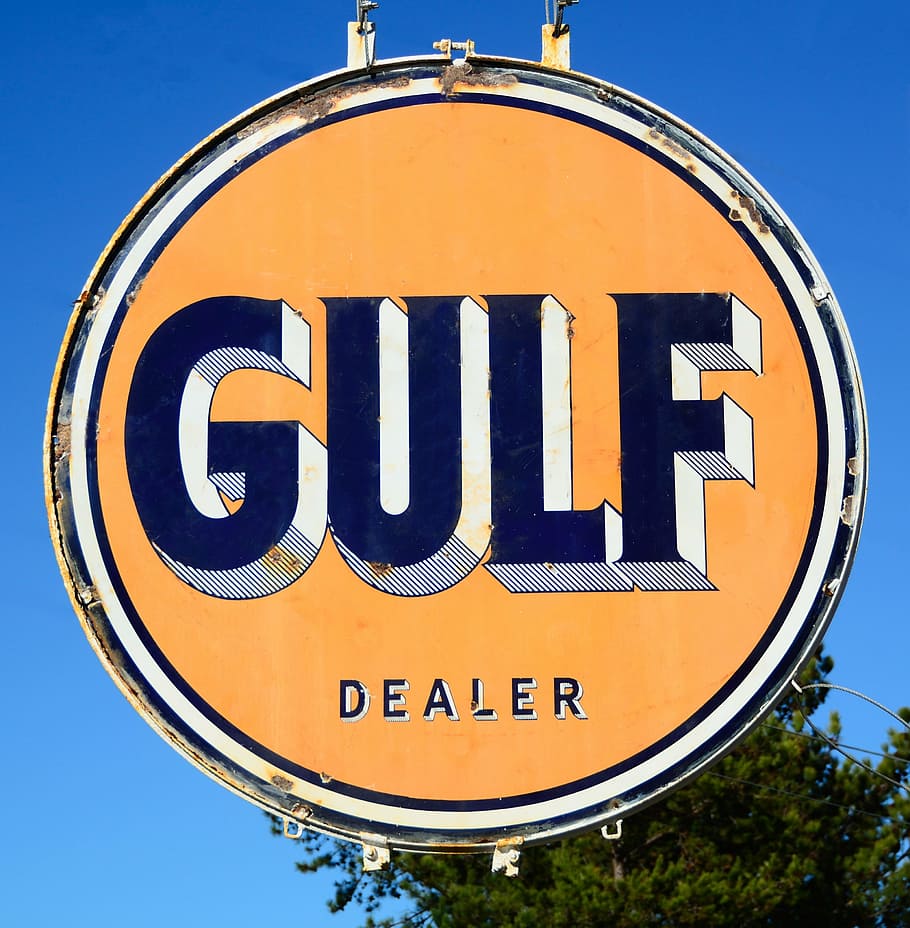 gulf oil sign, rustic, antique, old, gasoline, fuel, background, HD wallpaper