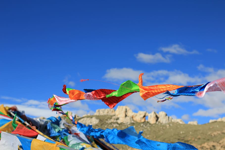 assorted-color kite lot at daytime, tibet, prayer flags, faith