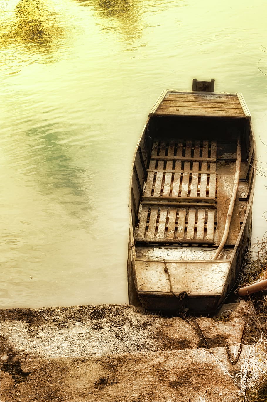 boat, empty, old, river, water, summer, wood, wooden, nobody HD wallpaper