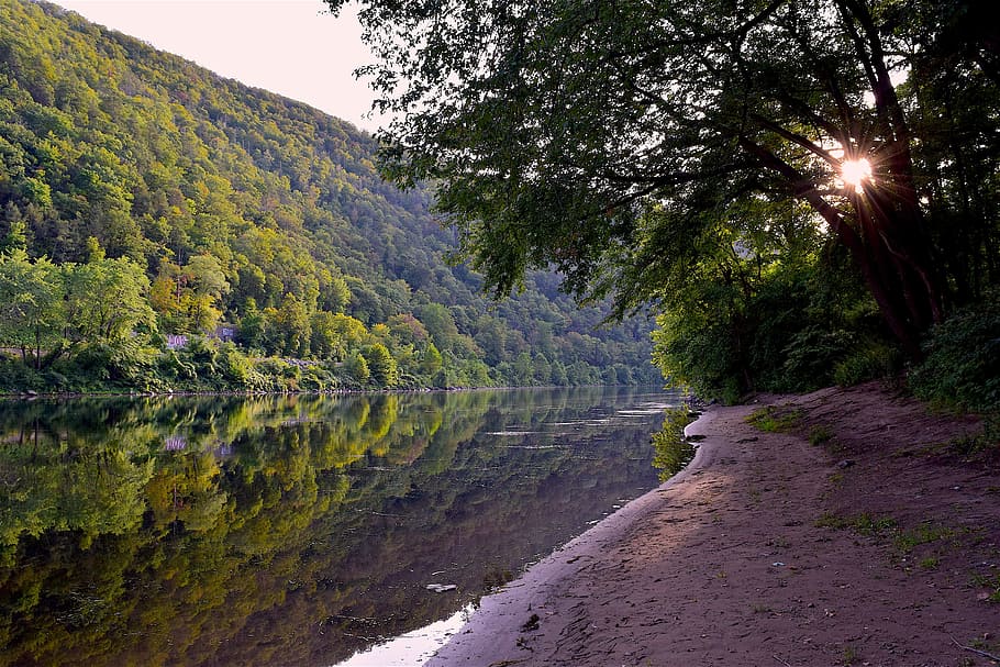 river, shore, mountain, valley, sunset, tree, landscape, nature HD wallpaper
