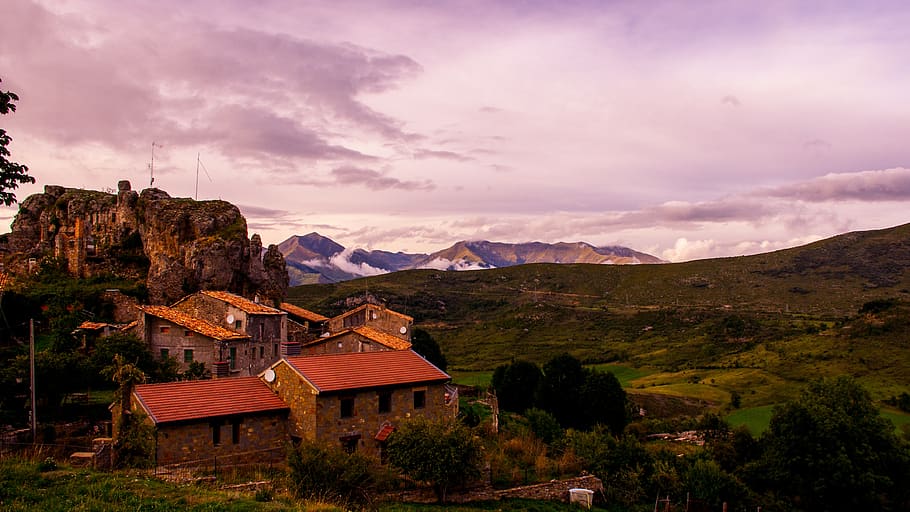 mountain, sky, lleida, adons, pyrenees, mountain village, architecture, HD wallpaper