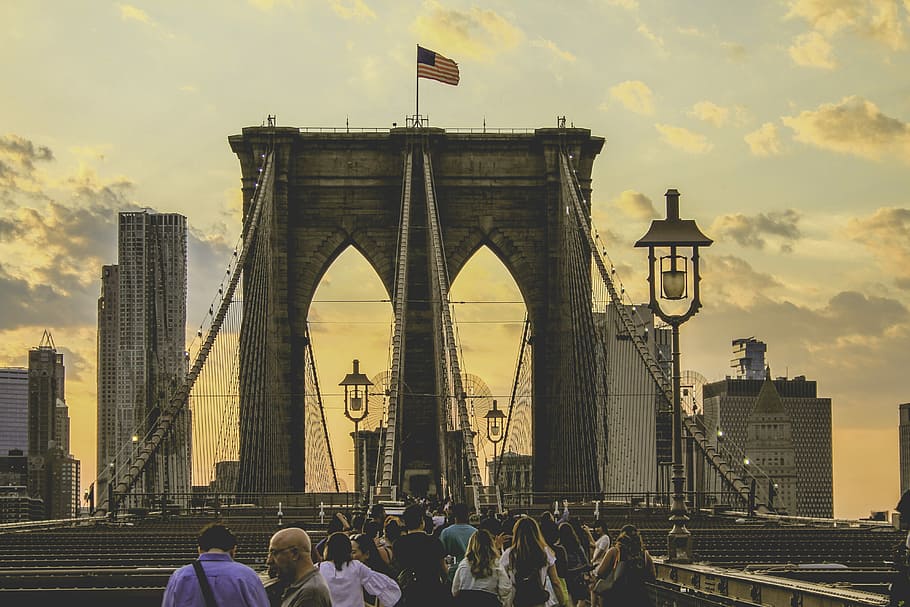 people walking on Brooklyn Bridge, people walking towards brown concrete bridge HD wallpaper