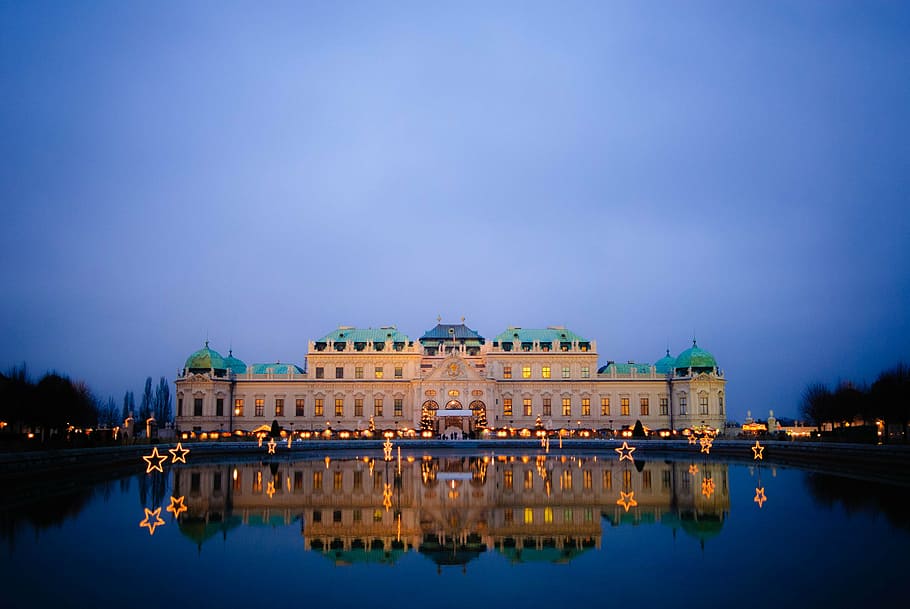 white concrete palace, vienna, night, austria, belvedere, castle, HD wallpaper