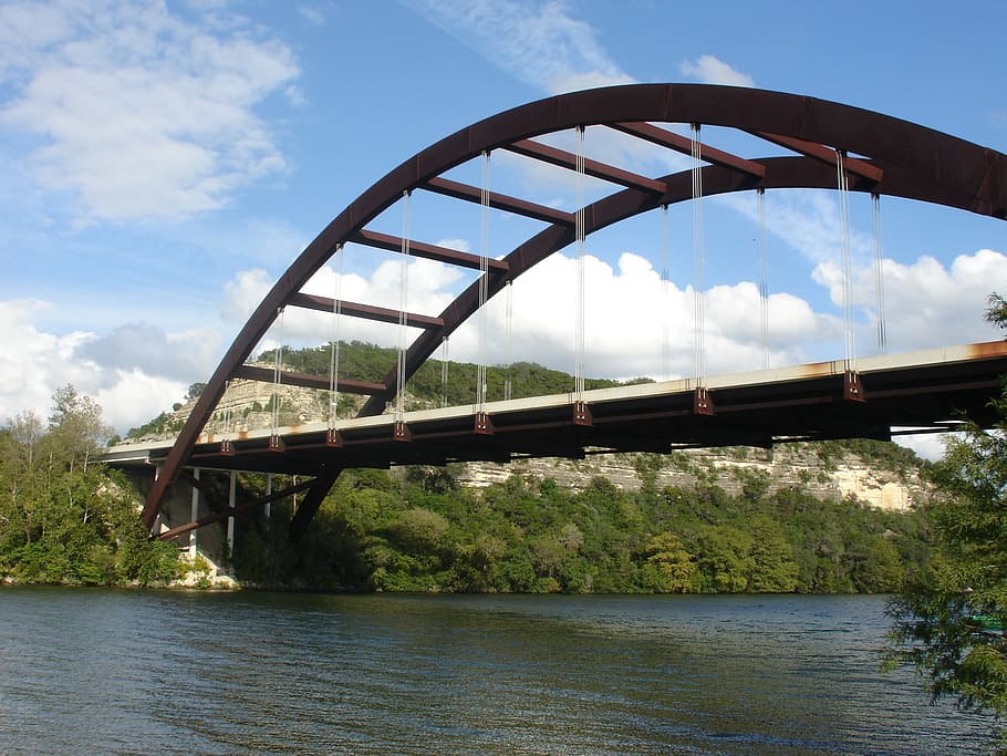 brown wooden bridge under blue clouds, austin, texas, river HD wallpaper