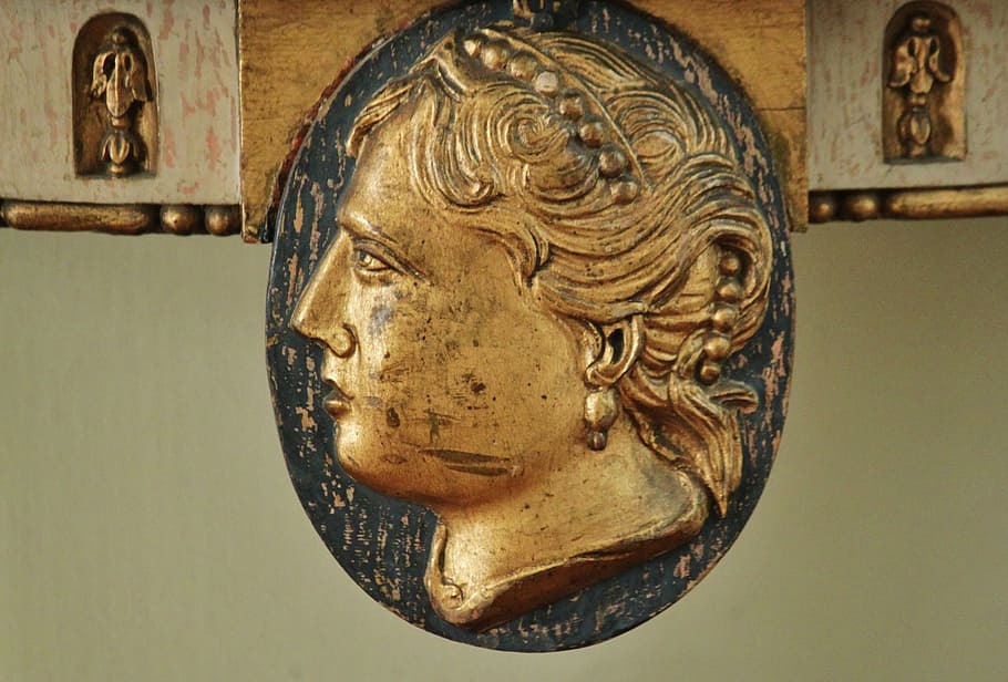 head, portrait, woman's head, carving, art, antique, gold, gilded, HD wallpaper
