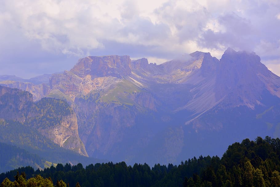 dolomites, sella group, sky, cloudy, clouds, mountain, forest HD wallpaper