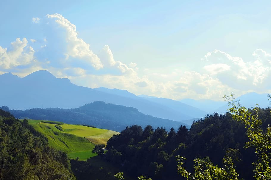 landscape, mountains, hill, clouds, green, sky, valley, forests HD wallpaper