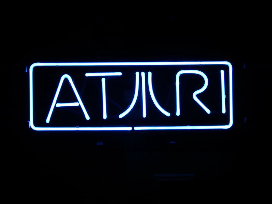 atari, neon, sign, logo, computer, illuminated, communication
