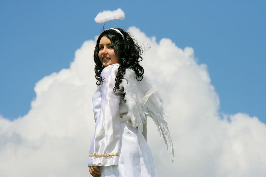 angel, cloud, wings, sky, one person, cloud - sky, nature, day HD wallpaper