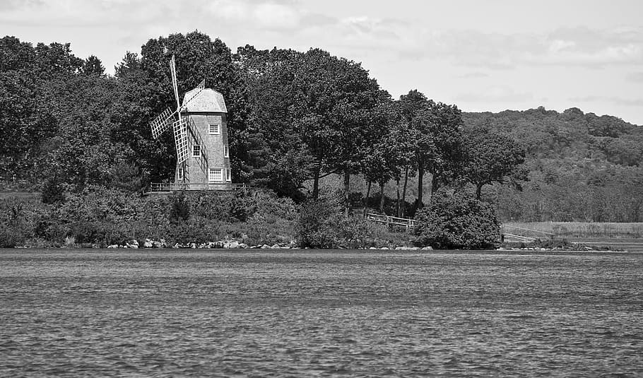 windmill, ctriverfront, black white, tree, plant, architecture HD wallpaper