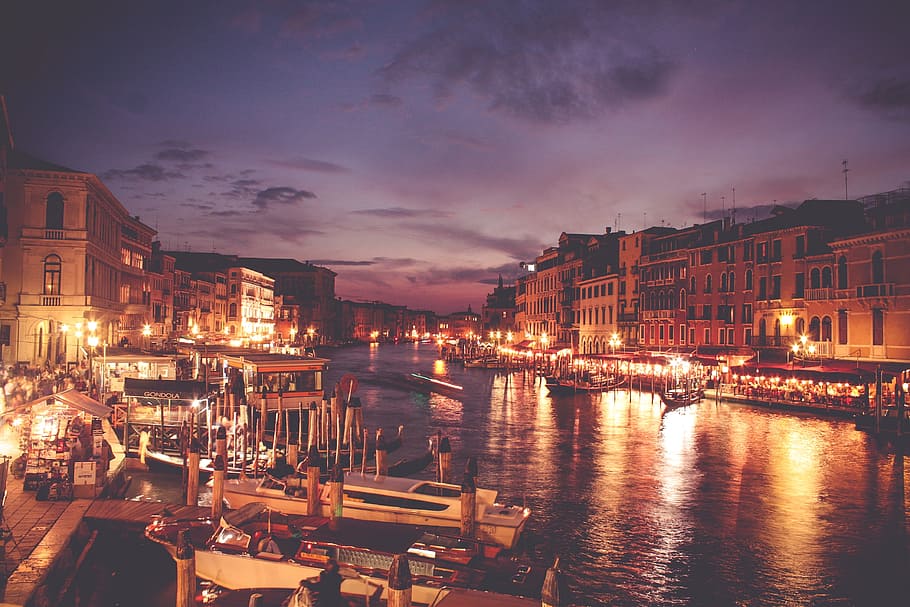 building, structure, dark, night, city, lights, market, sea HD wallpaper