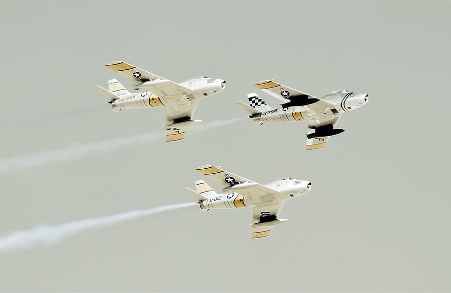 three white and yellow planes, united states, air force, jets, HD wallpaper