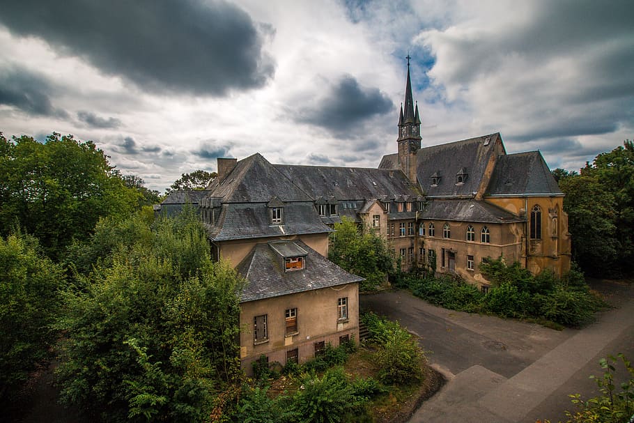 bird's eye view photography of brown and gray stone cathedral, HD wallpaper