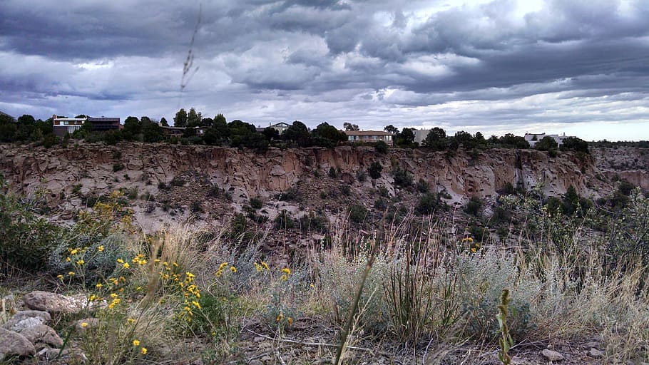stormy, storm clouds, mesa, architecture, houses, cliff, mountain HD wallpaper