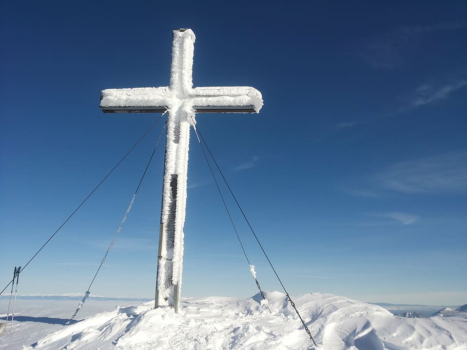 cross, summit, snow, mountain, winter, sky, cold temperature HD wallpaper