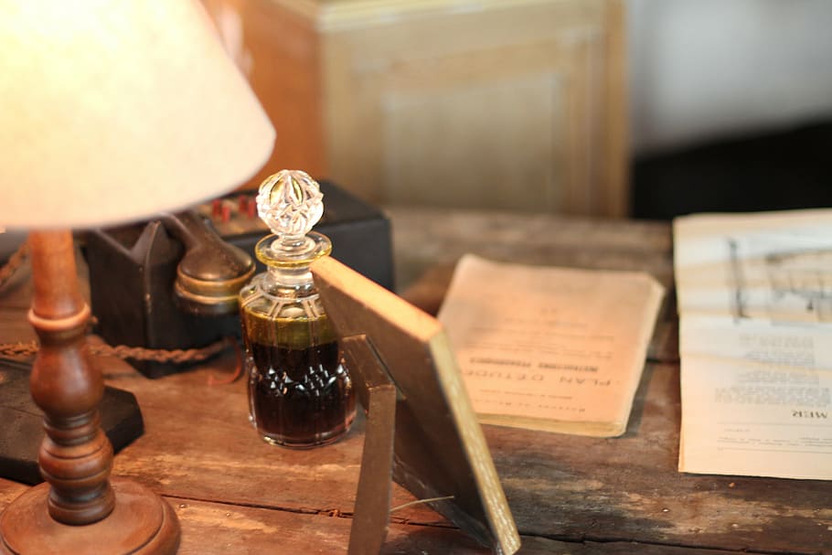 document, office, war, bottle, picture, wood - material, indoors HD wallpaper