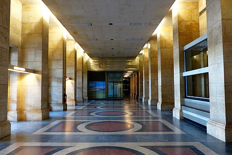 gray, brown, and white concrete hallway, floor, building, inside HD wallpaper