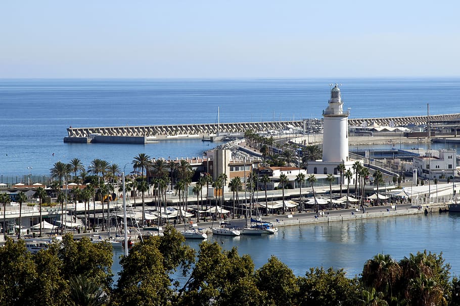 photo of lighthouse near sea, spring, port, malaga, street lamp HD wallpaper