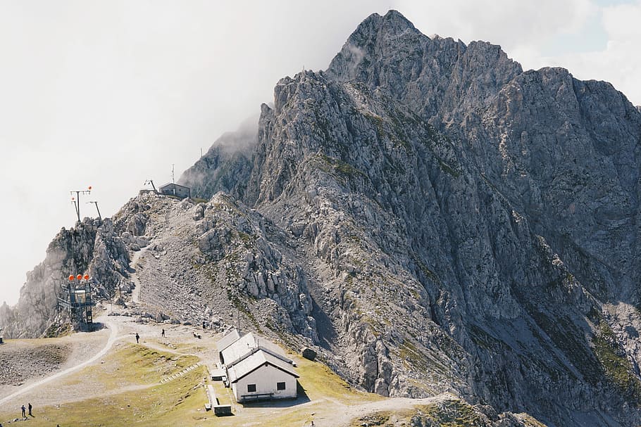 white house beside mountain, aerial photo of rocky mountain, building HD wallpaper